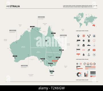 Vector map of Australia .  High detailed map with division, cities and capital Canberra. Political map,  world map, infographic elements. Stock Vector
