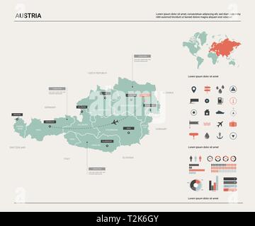 Vector map of Austria .  High detailed map with division, cities and capital Vienna. Political map,  world map, infographic elements. Stock Vector