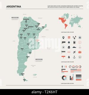 Vector map of Argentina . High detailed country map with division, cities and capital Buenos Aires. Political map,  world map, infographic elements. Stock Vector