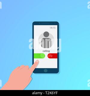 Finger touch of smartphone coming call screen with blue background, vector, illustration, eps file Stock Vector