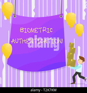 Word writing text Biometric Authentication. Business photo showcasing identity verification involves biological input Man Carrying Pile of Boxes with  Stock Photo