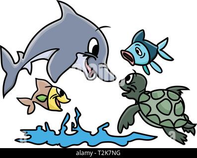 Cartoon sea animals playing in water vector illustration Stock Vector