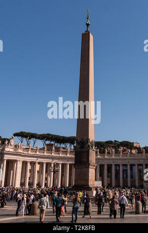 The obilisk in St Peter's Square, brought from Heliopolis in Egypt to Rome by Emperor Caligula in 37 A.D. Reerected in front of St Peter's  Basilica. Stock Photo