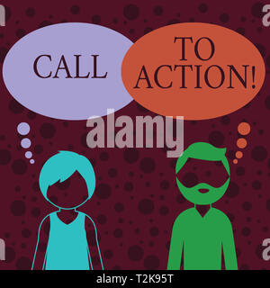 Conceptual hand writing showing Call To Action. Concept meaning exhortation do something in order achieve aim with problem Bearded Man and Woman with  Stock Photo
