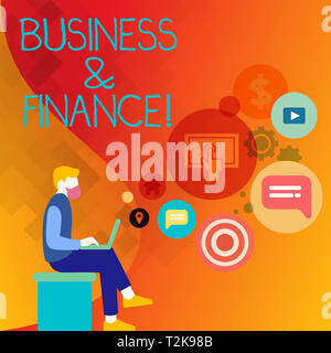 Text sign showing Business And Finance. Business photo text refers to money and credit employed in business Man Sitting Down with Laptop on his Lap an Stock Photo