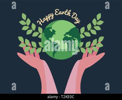 hands holding world with leaves happy earth day vector illustration vector illustration Stock Vector