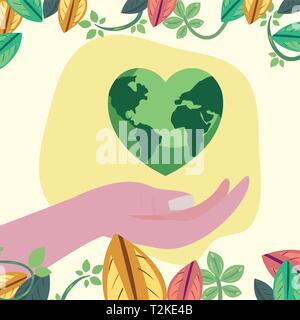 hand with world shaped heart happy earth day vector illustration Stock Vector