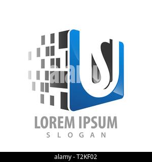Digital pixel initial letter US concept design. Rounded square symbol graphic template element Stock Vector