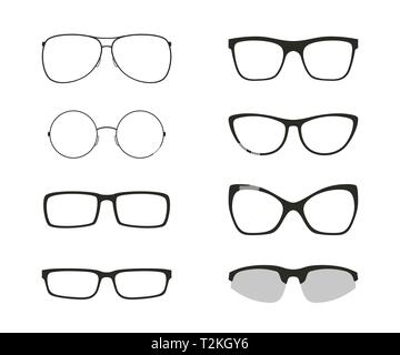 Set of differents glasses, isolated on white background. Black silhouettes of modern glasses Stock Vector