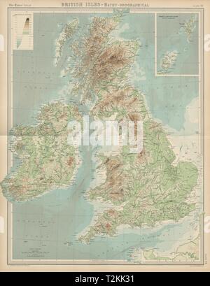 British Isles - Bathy-orographical. Relief mountains rivers. THE TIMES 1922 map Stock Photo