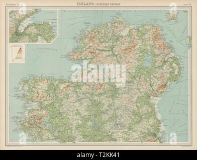 Ireland - northern section. Ulster. Relief & railways. THE TIMES 1922 old map Stock Photo