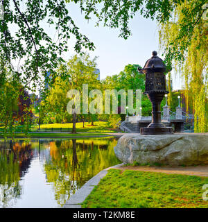 Boston Public Garden in early morning. Japanese Lantern and  Lagoon Bridge Stock Photo