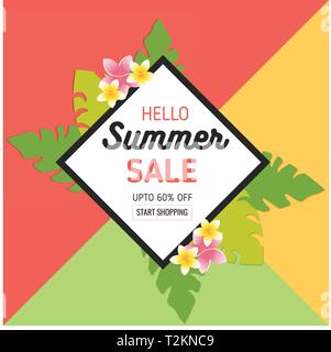 Summer Sale Background with Tropical Leaves and Flowers in realistic style and frame. Used for Invitation, Posters, Flyer, Brochure, Voucher Discount. Stock Vector