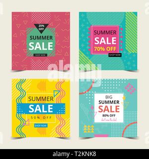Summer Card Collection with Memphis Style colourful Background. Can be used for greeting and invitation card, flyer, poster, background, backdrop. Stock Vector