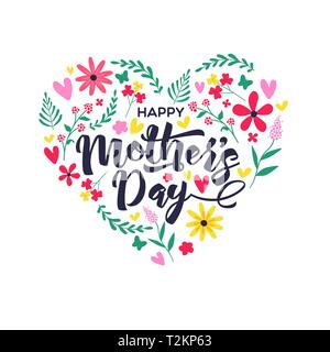 Happy Mothers Day greeting card illustration with cute hand drawn spring flowers and calligraphy text quote inside heart shape. Stock Vector