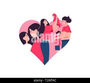 Mothers Day isolated illustration for motherhood or single parent concept. Mom with children, baby and pregnant mother inside heart shape. Stock Vector