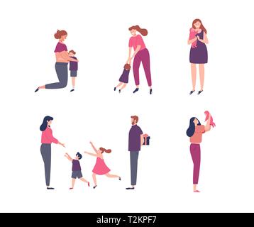 Women and children illustration set for motherhood concept, pregnancy, family holiday or mothers day. Stock Vector