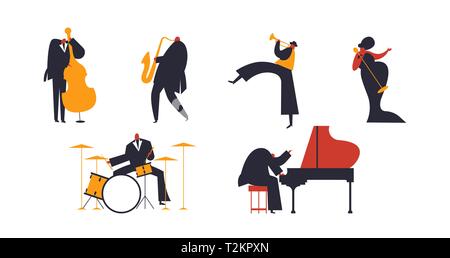 Set of jazz band people playing diverse music instruments and singer. Includes drum, saxophone, trumpet, piano player Stock Vector