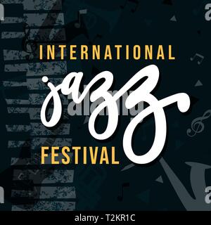 International jazz festival poster illustration for special music event. Grunge texture background with piano and musical notes. Stock Vector