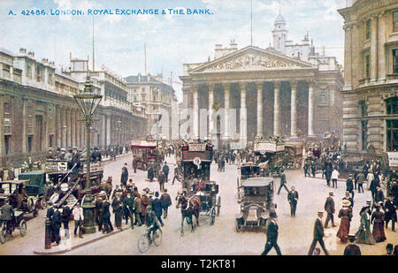 BANK OF ENGLAND at left and the Royal Exchange,London, about 1905 Stock Photo