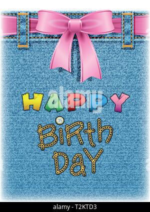 Happy Birthday greeting card. Realistic denim texture with embroidered text and pink bow. Vector illustration. Stock Vector