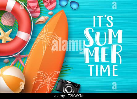 It's summer time vector banner design template with colorful beach elements  and white space for text and title in yellow pattern background for summer  season. Vector illustration. Stock Vector