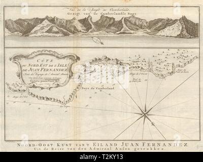 San Juan Bautista, Isla Robinson Crusoe, Juan Fernandez. BELLIN/SCHLEY 1757 map Stock Photo