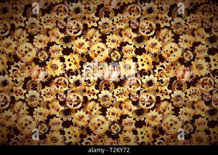 Clockwork mechanism with glossy golden steampunk cogwheels, wide detailed background Stock Vector