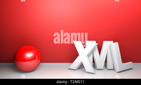 XML white 3D write at red wall with a red sphere - 3D rendering Stock Photo