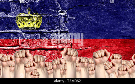 Male hands clenched in a fist raised up against the backdrop of a destroyed brick wall with a flag of Liechtenstein. The concept of the labor movement Stock Photo