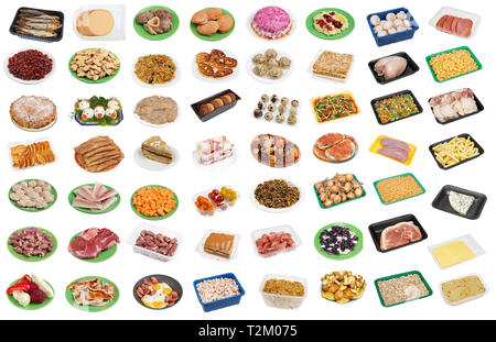 Simple rural food on glass plates and plastic boxes set. Isolated on white handmade collage from studio macro shots Stock Photo