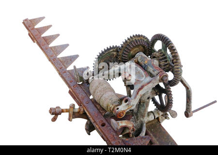 Old vintage grinding wheel for sharpening of agricultural machinery knives . Isolated on white with Stock Photo