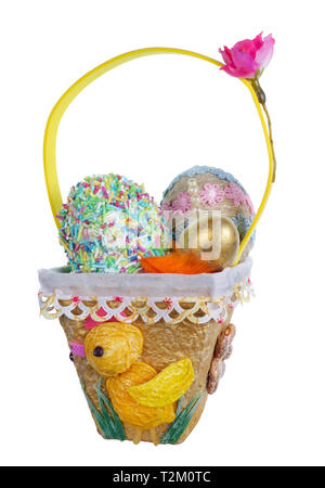 Easter homemade   nest from  paper and pasta  with  quail an chiken eggs. Isolated on white studio macro Stock Photo