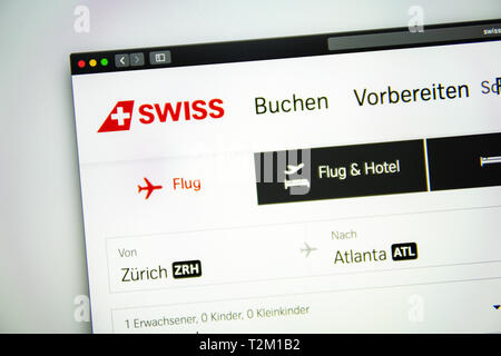 Swiss website homepage. Close up of Swiss logo. Сan be used as an illustration for news media or sites, as well as a link to the source of news Stock Photo