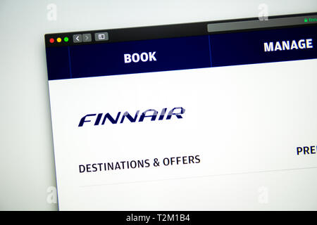 FinnAir website homepage. Close up of FinnAir logo. Сan be used as an illustration for news media or sites, as well as a link to the source of news Stock Photo