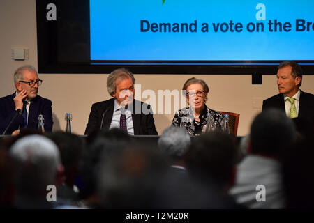 (Left to right) Former Head of the Civil Service Lord Bob Kerslake, former Health Secretary Stephen Dorrell, Former Foreign Secretary Dame Margaret Beckett MP and Former Cabinet Secretary Lord Gus O'Donnell take questions from the audience during a People's Vote press conference at the Institution of Civil Engineers in London. Stock Photo