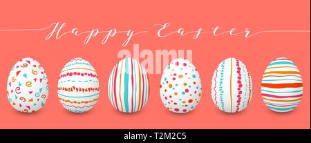 Happy Easter eggs set in a row copyspace. Colorful easter eggs on coral background. hand font. Abstract ornaments. simple lines, scribbles, dots, conf Stock Vector