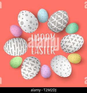 Easter eggs with text. Coral eggs in circle with monochrome simple decoration on white background. Abstract ornaments. stripes, patterns, vector illus Stock Vector