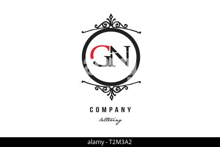 Design of alphabet letter logo combination GN G N with red black white color and decorative circle monogram suitable as a logo for a company or busine Stock Vector