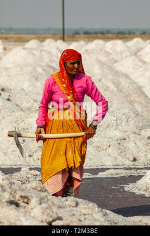 SAMBHAR, INDIA - NOVEMBER 19, 2012: Portrait of Indian woman with pickaxe at salt lake Sambhar, Rajasthan, India. Stock Photo