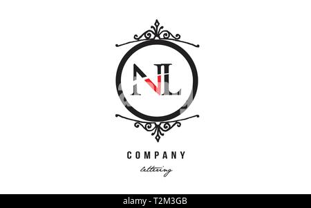 Design of alphabet letter logo combination NL N L with red black white color and decorative circle monogram suitable as a logo for a company or busine Stock Vector