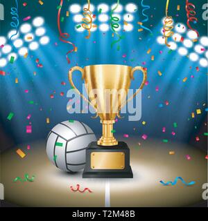 Volleyball Championship with Golden Trophy with falling confetti and illuminated spotlight, Vector Illustration Stock Vector