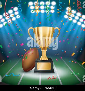 American football Championship with Golden Trophy with falling confetti and illuminated spotlight, Vector Illustration Stock Vector