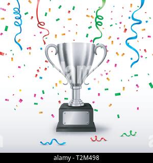 Realistic Silver Trophy with text space and falling confetti, Vector Illustration Stock Vector