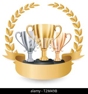 Realistic Golden, silver and bronze Trophies with Gold Laurel Wreath and ribbon, Vector Illustration Stock Vector