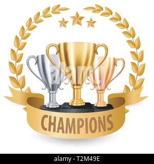 Realistic Golden, silver and bronze Trophies with Gold Laurel Wreath and ribbon, Vector Illustration Stock Vector