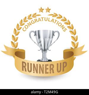 Realistic Silver Trophy with Gold Laurel Wreath and ribbon, Vector Illustration Stock Vector