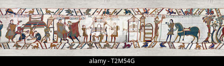11th Century Medieval Bayeux Tapestry - Scene 46 - A watchman informs William of Harold armies movements. Scene 47 - Williams men burn down a house. S Stock Photo