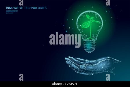 Hand holding light Bulb lamp saving energy ecology concept. Polygonal blue sprout small plant seedling inside electricity green energy power banner ve Stock Vector