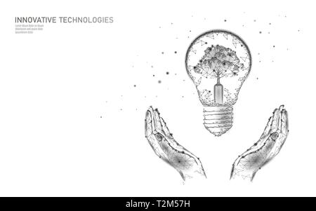 Two hands carrying light Bulb lamp saving energy ecology concept. Polygonal white sprout small plant seedling inside electricity green energy power ba Stock Vector
